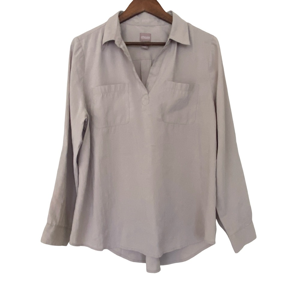 Chico's Women Taupe Modal‎ Blend Split Neck Roll Tab Sleeve Blouse Size 2 Large